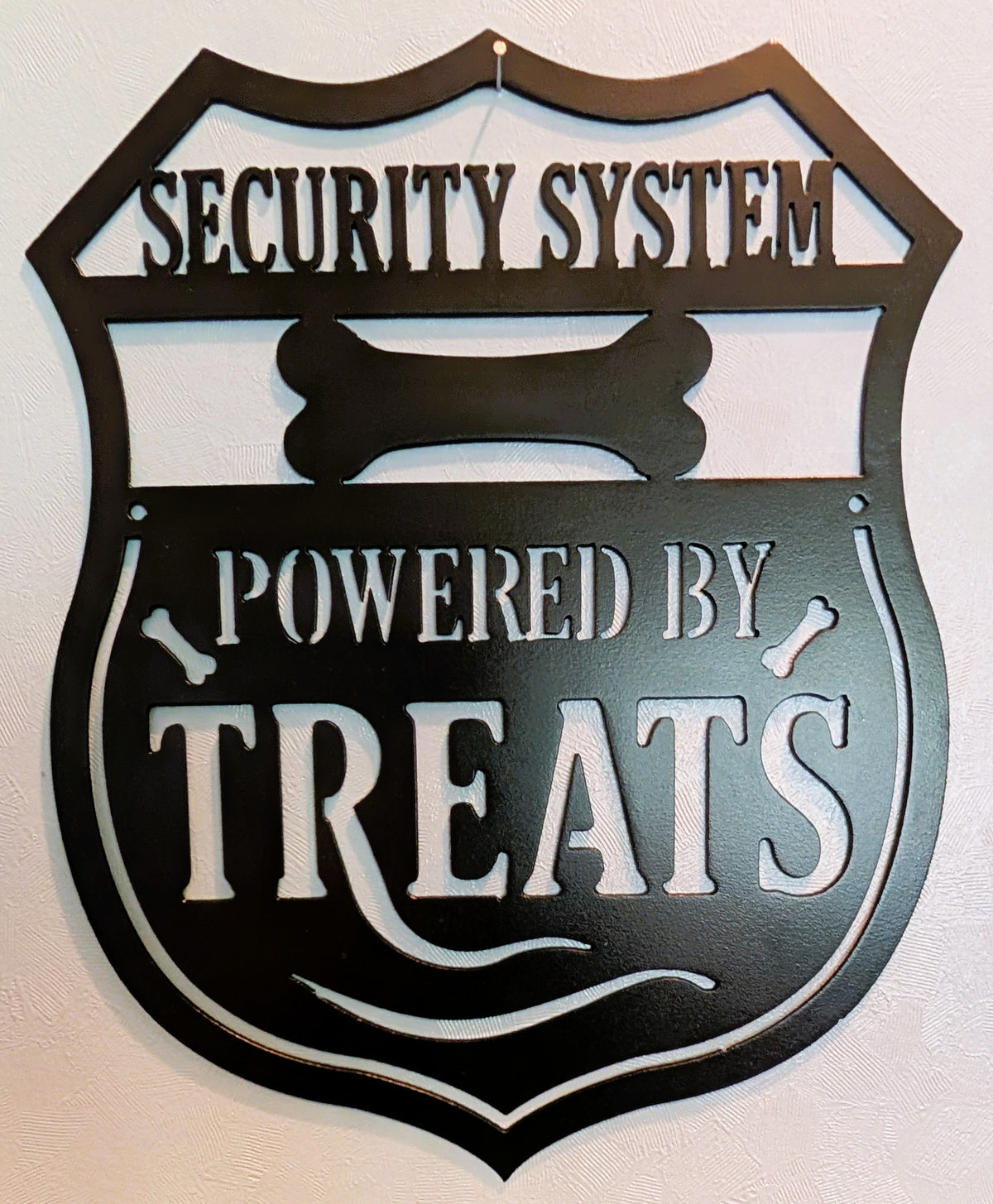 Security System Powered by Treats Metal Sign