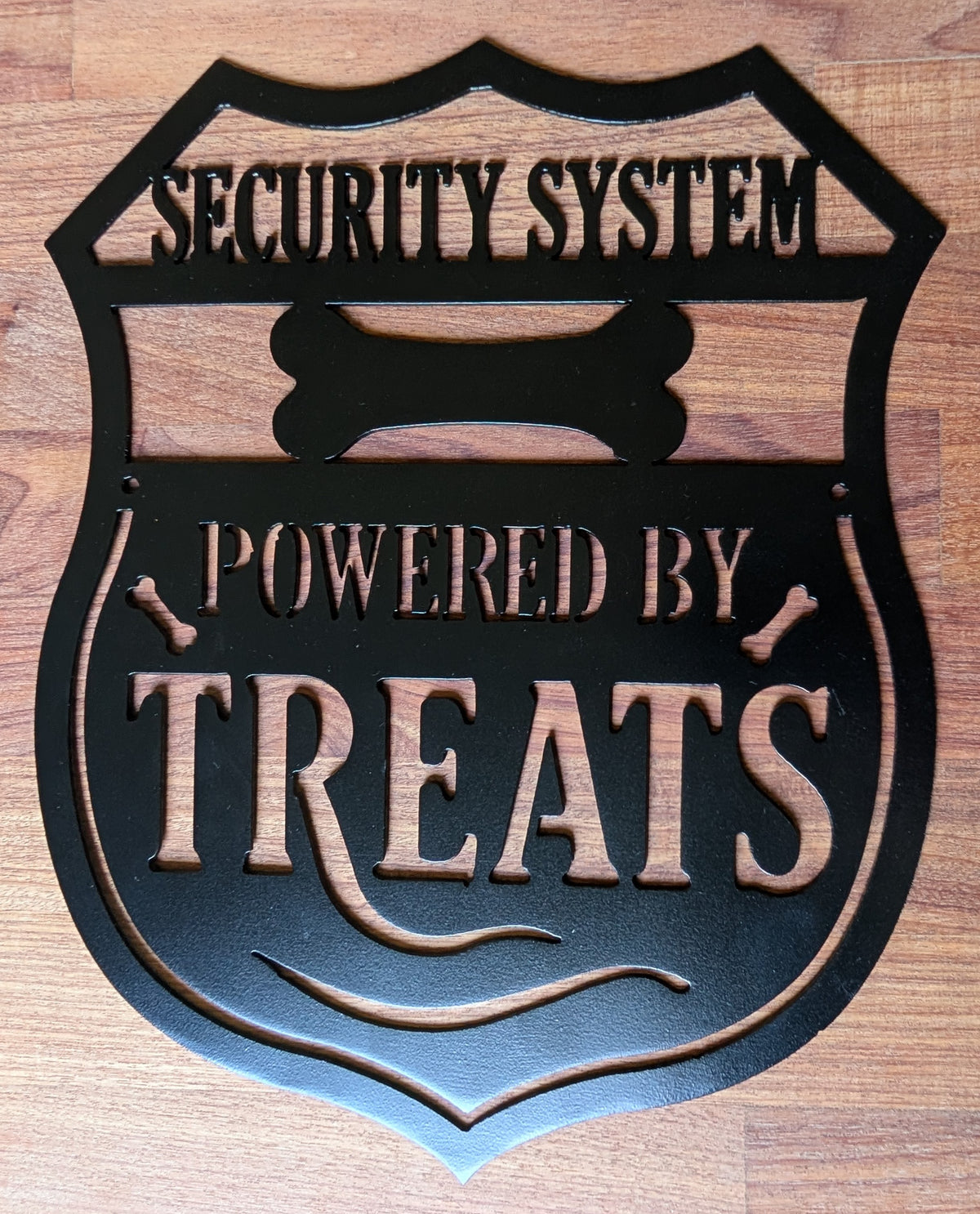 Security System Powered by Treats Metal Sign