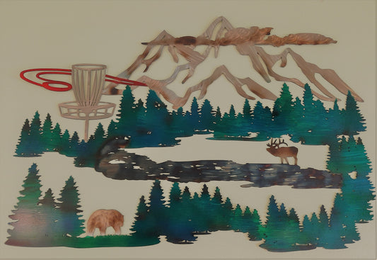 Mountain Wildlife & Disc Golf Scene – Custom Metal Art